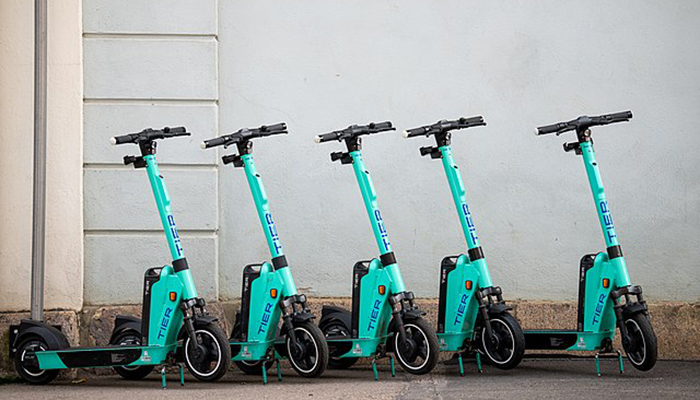 Electric scooters lined up