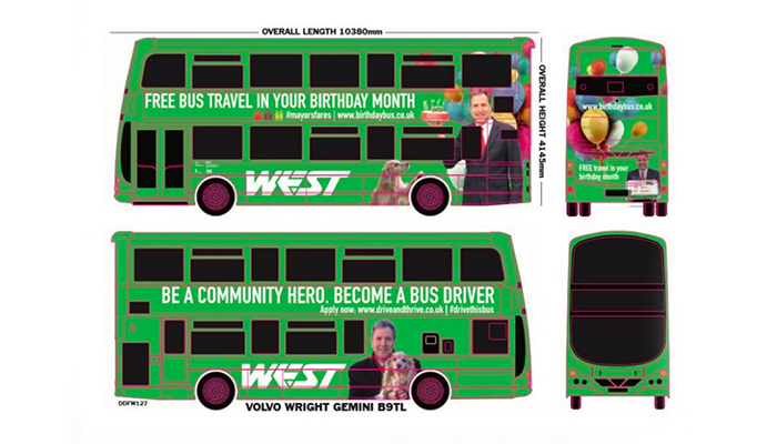 A design for a green bus with images and text