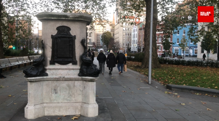 The Colston plinth in Bristol city centre.