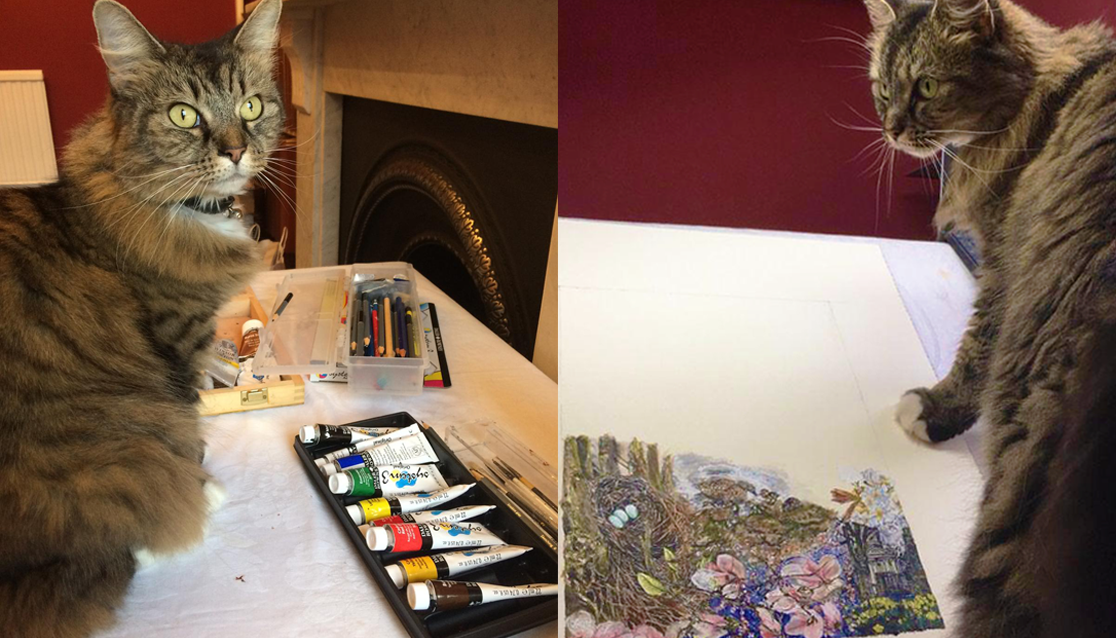 Wispa the cat enjoying Cheryl Cavanagh's artwork on the North Bristol Art Trail